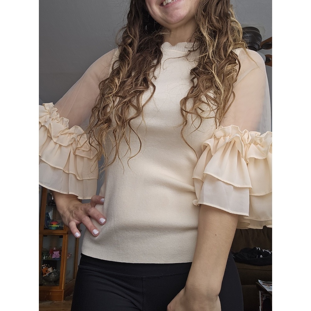 Gracia Chic Ruffle Puff Sleeve Blouse Women's Small Off White Sheer Boho Peasant